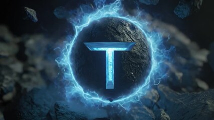 Mysterious Orb: An enigmatic, glowing orb with a letter 'T' at its center, crackling with intense energy, amidst a field of cosmic debris, creating an atmosphere of futuristic sci-fi. - Powered by Adobe