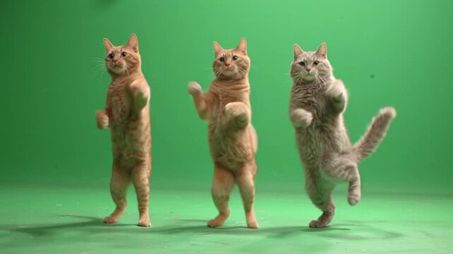 Three funny domestic cats, two ginger and one grey, dancing on their hind legs against a green screen.