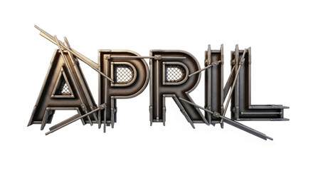 Industrial metallic 3D text APRIL with riveted details mesh accents and a distressed steampunk aesthetic.