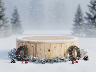 Wooden podium in snowy winter forest with christmas decoration