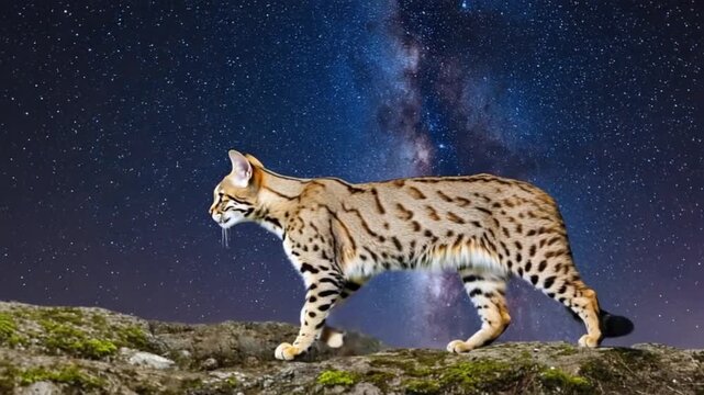 Spotted serval cat walking on rocks with starry night sky and milky way in the background cat video