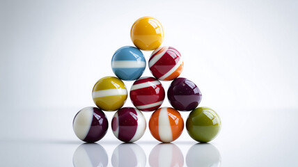 白背景でビリヤードボールが積み上げられたピラミッド構図
