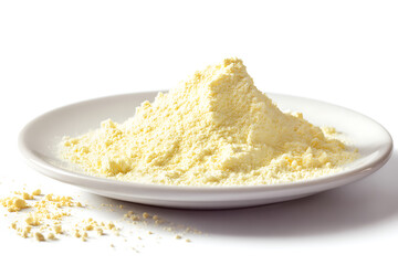 Delicate cornmeal mound elegantly displayed on a pristine white plate, ideal for culinary creations and baking inspiration, promising wholesome goodness and delicious possibilities, for healthy living