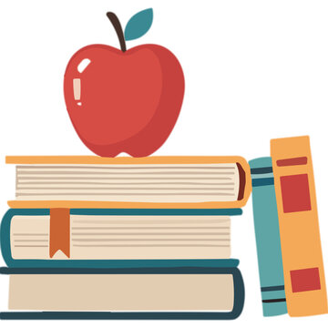 Vibrant Red Apple Perched Atop a Stack of Colorful Books Symbolizing Knowledge and Learning with a White Background and Simple Illustration Style