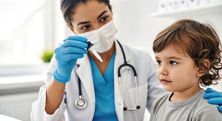Pediatric doctor in white coat and gloves, examining young child with a dropper in a bright hospital room, showcasing attentive care and medical professionalism in a healthcare setting