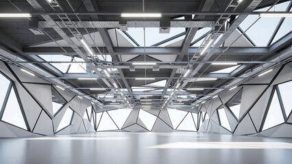 Empty square room with Ceiling of industrial or office building. Abstract modern architecture or interior with triangular structure of surfaces. Construction industry background in hi-tech style with 