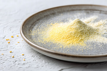Golden cornmeal flour awaits baking magic on rustic plate, perfect for healthy recipes and gluten-free cooking demonstrations, showcasing culinary creativity and kitchen essentials, vibrant and fresh