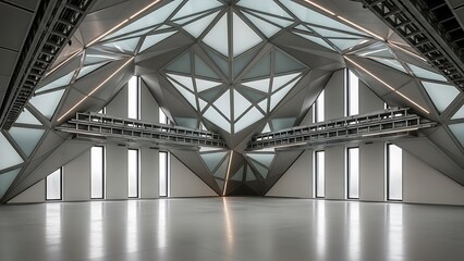Empty square room with Ceiling of industrial or office building. Abstract modern architecture or interior with triangular structure of surfaces. Construction industry background in hi-tech style with 