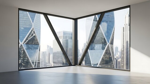 Empty square room with Windows of skyscraper. Multistory office building fragment forming a trihedral angle