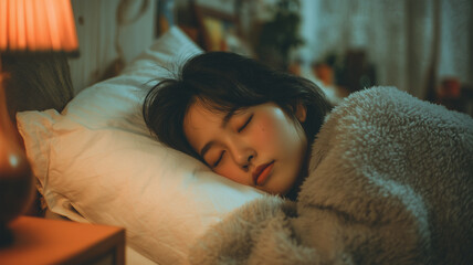 女性がベッドに横たわり夜に静かに眠る姿