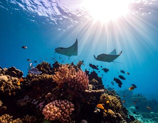 Vibrant underwater scene of coral reef and stingrays bathed in sunlight