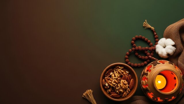 Arrangement of nuts, beads, candle, and fabric for craft projects, diy blogs, lifestyle websites, and home dcor inspiration.