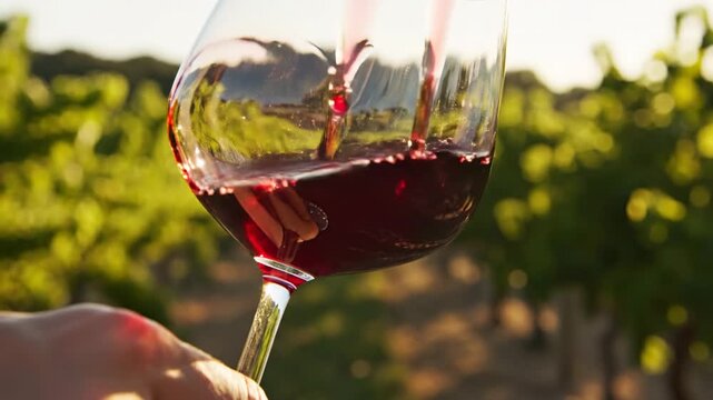Pouring Red Wine into a Glass in a Vineyard Setting.