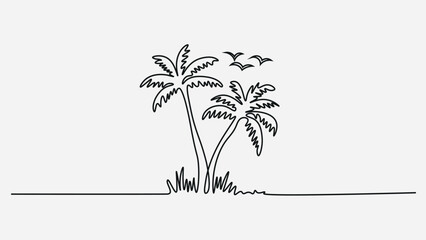 One-Line Palm Tree Beach Scene and Birds