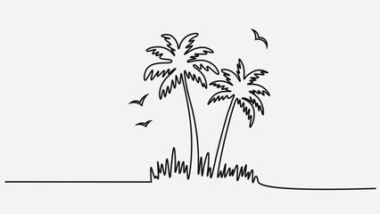 One-Line Palm Tree Beach Scene and Birds