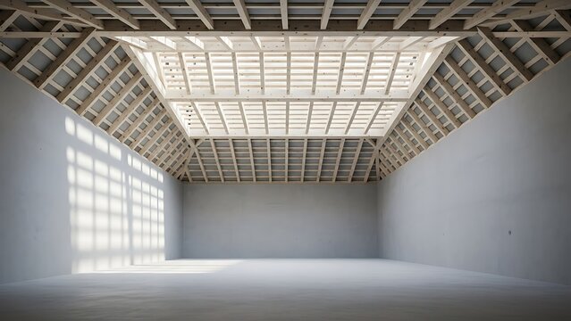 Empty square room with Lath ceiling. Construction of roof. Joist, rafter. Abstract contemporary architecture. Geometric pattern with regular angular structure.