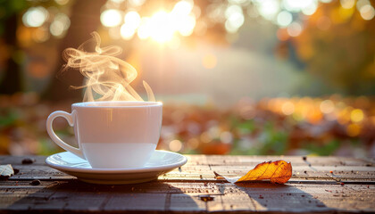 Steaming cup of coffee on a wooden table with autumn leaves and sunlight in the background.