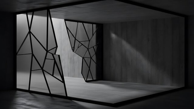 Empty square room with Fragment of glass balustrade or partition in twilight. Abstract black and white industrial or architectural background