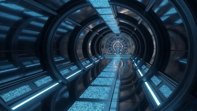 Corridor tunnel of space station ship, glowing futuristic panels of blue color, metal walls reflection of light. Podium stage long way.