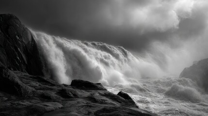 Roaring waterfalls crash powerfully over rocks under a dramatic, cloud-filled sky