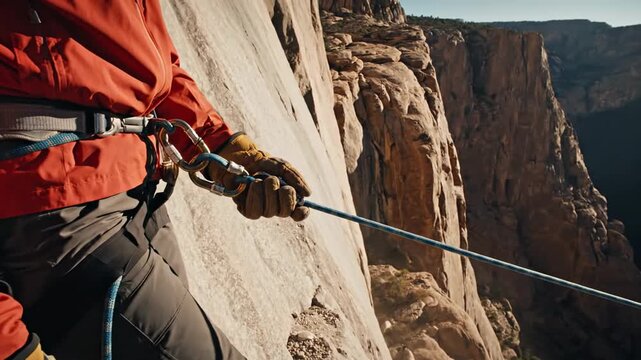 Rock climber rappelling down a cliff face using safety equipment for adventure.