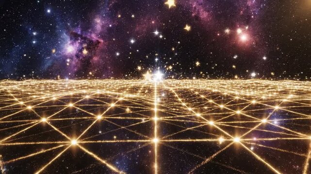 Abstract celestial landscape with illuminated stars and grid pattern representing connection and data flow