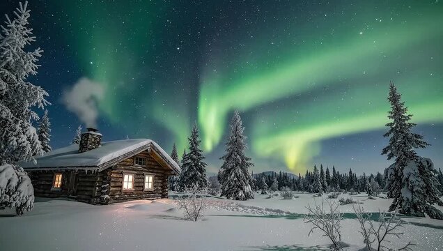 Magical Aurora Borealis above a cozy, snow-covered log cabin in a serene winter forest at night, with starry sky and pine trees.