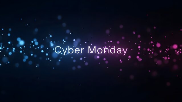Cyber Monday text glowing on a dark background with blue and pink sparkling bokeh lights.