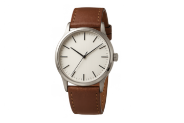 Minimalist wristwatch in silver with a brown leather strap showing classic timekeeping and elegant fashion accessory