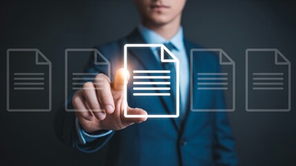 Professional man selecting business documents using digital interface elegantly
