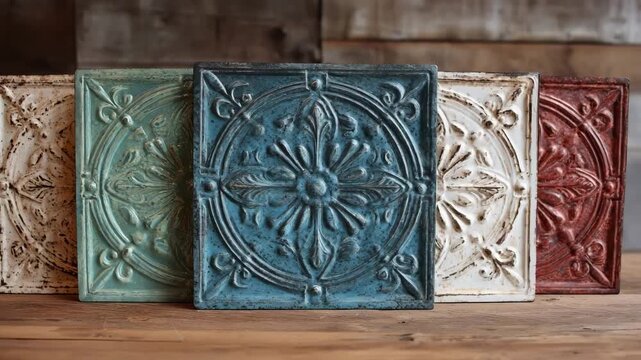 Rustic stamped sheet metal panels showcasing textured patinas and organic patterns ideal for cozy countrysideinspired interior and exterior decor.