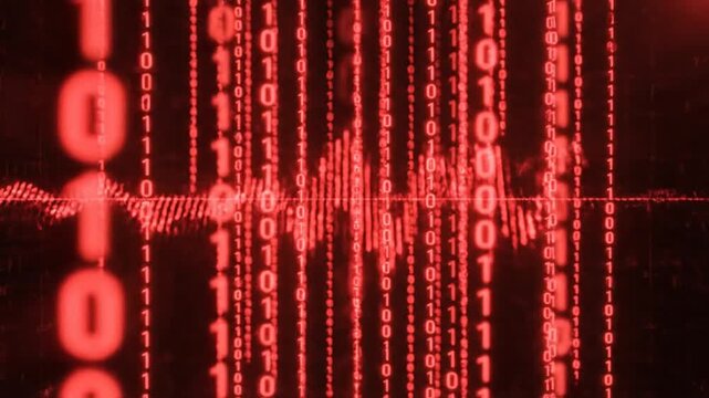Abstract digital binary code streams flowing downward on a red background technology data