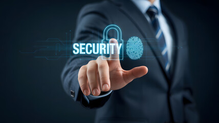 Businessman secures digital access with fingerprint scan for data protection
