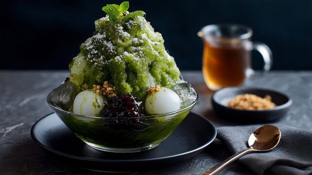 抹茶かき氷と甘味を盛り合わせた黒鉢の俯瞰写真