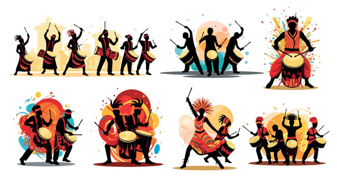 African drumming performance with vibrant colors and energy