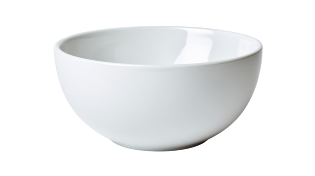 White ceramic bowl, empty and clean, kitchen tableware or serving dish, isolated object with transparent background