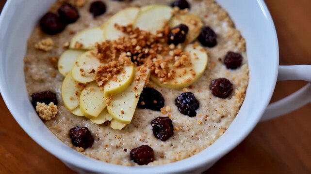 Delicious oatmeal decorated with sliced apple, nuts, and juicy dark cherries