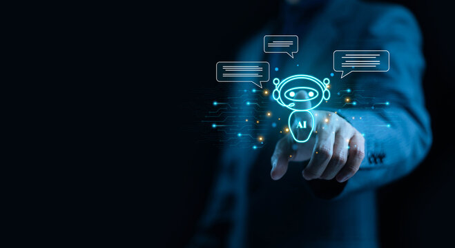Futuristic AI chatbot interface with digital communication icons as a businessman interacts with virtual technology, illustrating innovation, automation, and advanced intelligent systems in modern. - Powered by Adobe