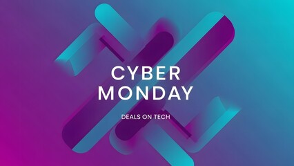 Cyber Monday deals on tech banner with abstract geometric shapes and a vibrant gradient background.