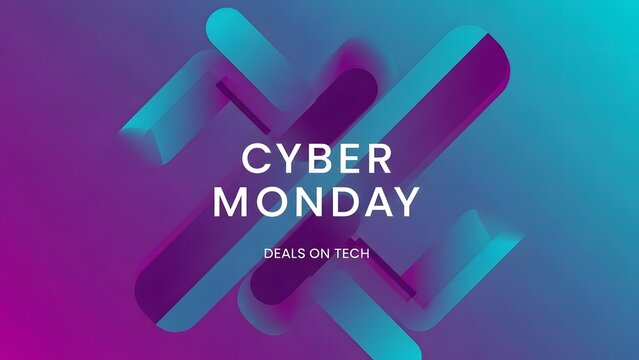 Cyber Monday deals on tech banner with abstract geometric shapes and a vibrant gradient background.