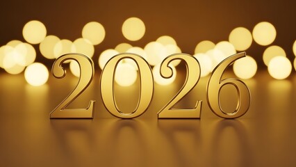 Golden 2026 numerals on a reflective surface, with blurred bokeh lights in the background.