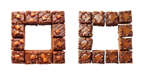 Salted Caramel Brownie Perimeter: Brownie squares topped with salted caramel arranged around frame edges, center open space, top-down, PNG cut out.