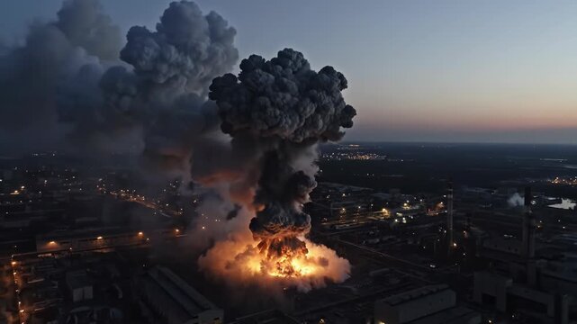 Massive industrial explosion with towering fire and dark smoke plume over factory complex at dusk 4k video