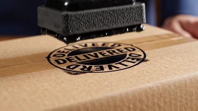 Closeup of a hand pressing a black rubber stamp onto a brown cardboard shipping box with tape video 4k