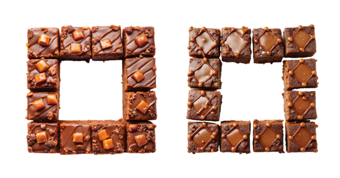 Salted Caramel Brownie Perimeter: Brownie squares topped with salted caramel arranged around frame edges, center open space, top-down, PNG cut out.