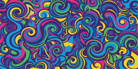Colorful psychedelic vector seamless abstract pattern with vintage floral swirl wave shape illustration for fabric texture backdrop wallpaper design