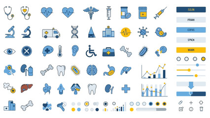Essential Healthcare Icons: A comprehensive collection of meticulously designed icons representing a diverse range of medical and healthcare concepts, ready to enhance any project.