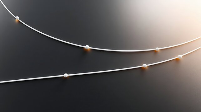 An abstract composition featuring white lines and spheres on a dark background, with a gradient light effect.