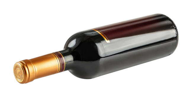 Red wine bottle featuring a gold foil cap and an empty label, presented horizontally on a transparent background - Powered by Adobe