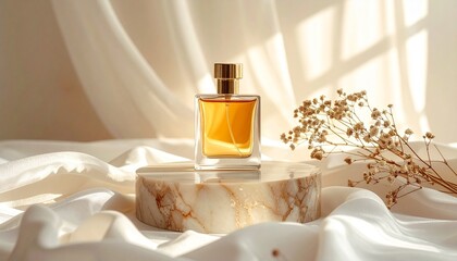 Luxury Golden Perfume Bottle on Marble Podium with Dried Flowers and Silk